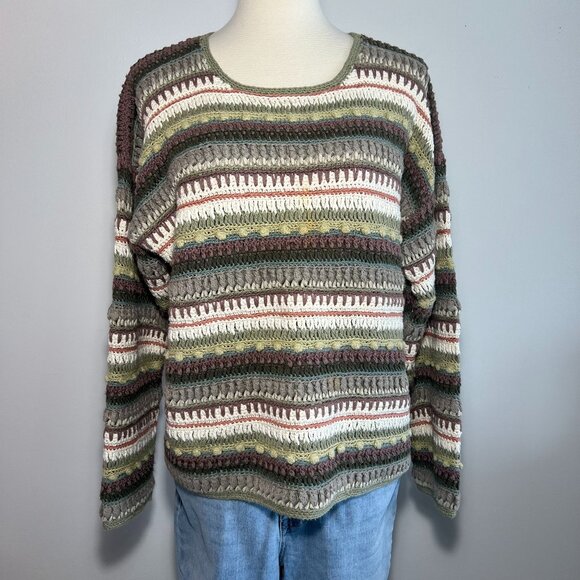 Curio Hand Knit Women's Sweater, Neutral Stripe, Size L, Cotton/Ramie Blend - Picture 1 of 8